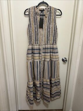 Laurel Grey Sleeveless Striped Tiered Maxi Dress in Blue, Cream & Yellow NWT